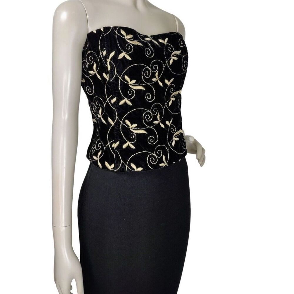 Vintage Black Velvet Metallic Gold Embroidered Strapless Bustier Cocktail Party